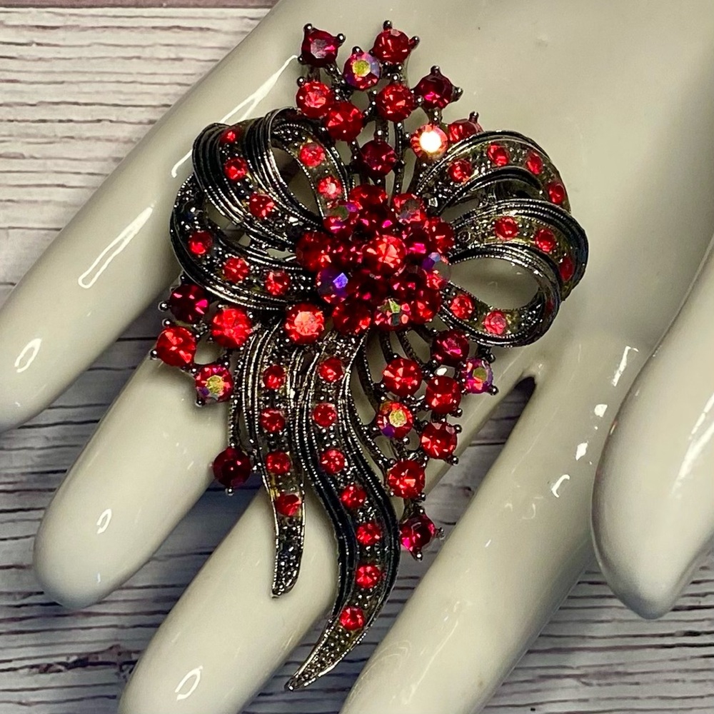 Elegant Red AB Crystal Bow Brooch